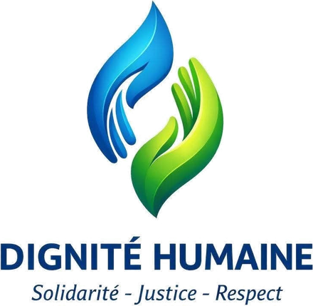 Logo Dignité Humaine : deux mains, l'une bleue, l'autre verte, qui se tendent l'une vers l'autre. Solidarité, Justice, Respect.